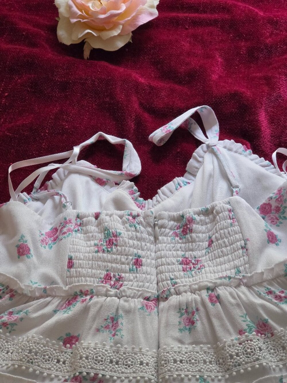 Floral White and Pink Tiered Sundress with Lace Trim - Picture 3 of 6